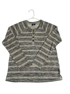 bobeau Gray and White Stripe Henley Crewneck